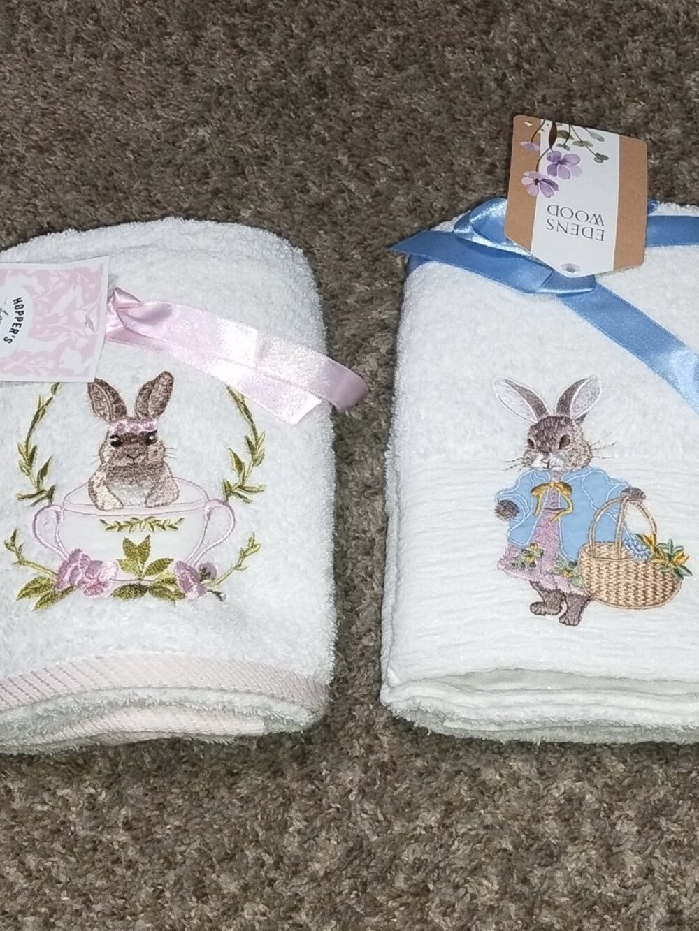 White Embroidered Bunnies. Hand Towels - Soft Cotton